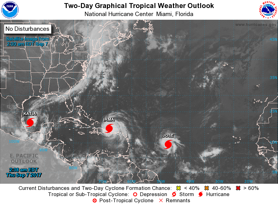 'Irma' urakana, alde banatan dituela 'Katia' eta 'Jose'. (Irudia: National Hurricane Center)